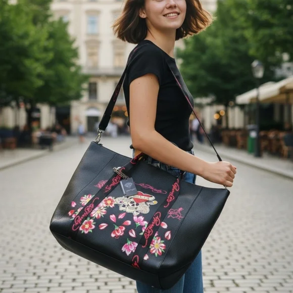 NEW Ed Hardy Black Floral Love Kills Slowly Skull Tattoo Tote With Bag Charm - Picture 4 of 7